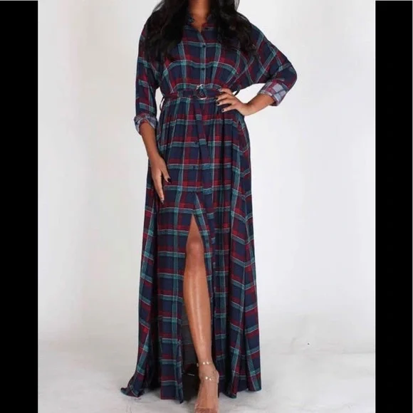 Plaid Maxi Dress, loose fit, with belt/pockets - Picture 2 of 5